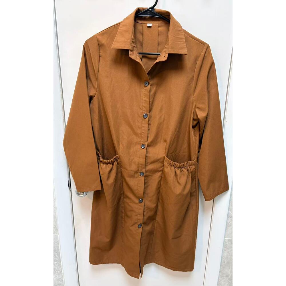Brown Button-Front Duster Jacket Lightweight Trench Coat Size S
